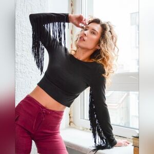 Zara Women's Black Fringed Long Sleeve Crop Top Size Medium New!